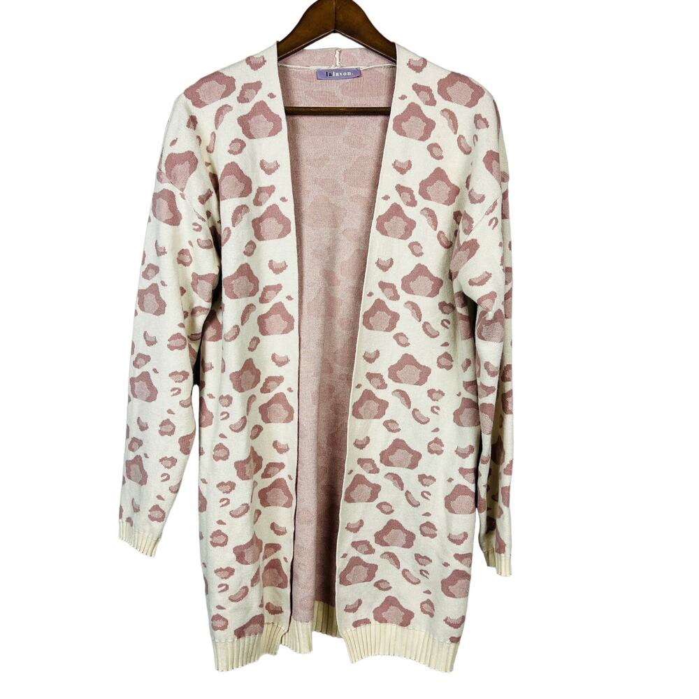 la lavon Open Front Cardigan Cheetah Print Pink Long Sleeve - S